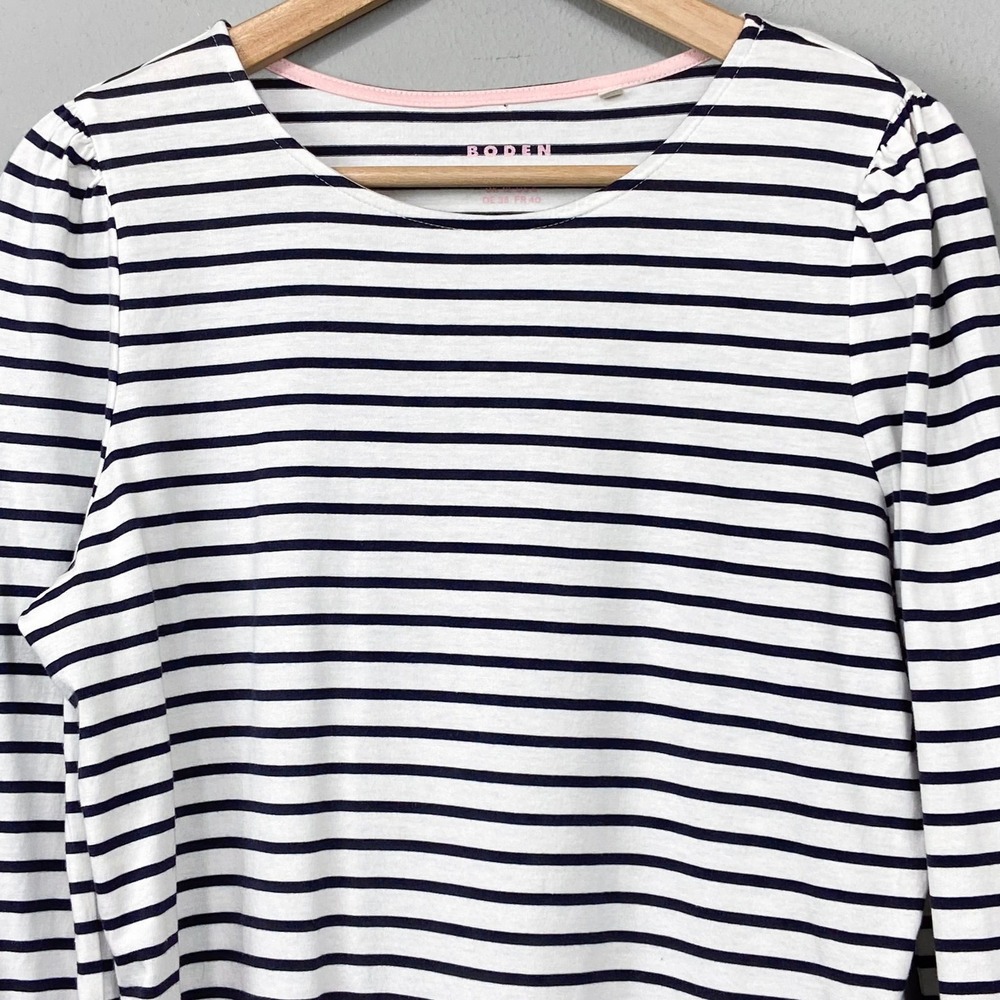 Boden Striped Knit Top Womens Size 8 Black White Puff Sleeve Cotton Modal Tee - Picture 3 of 12